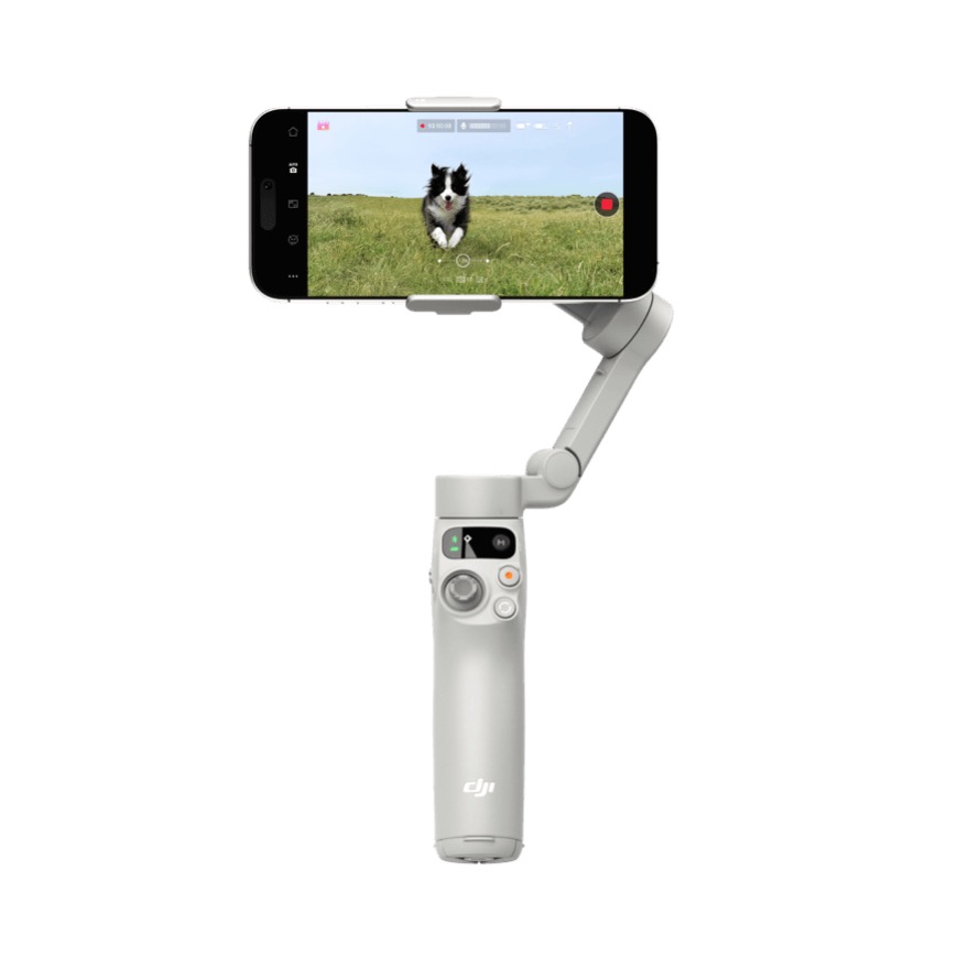 DJI Osmo Mobile 7 3-axis phone gimbal with built-in tripod and mounted smartphone on a clean white background