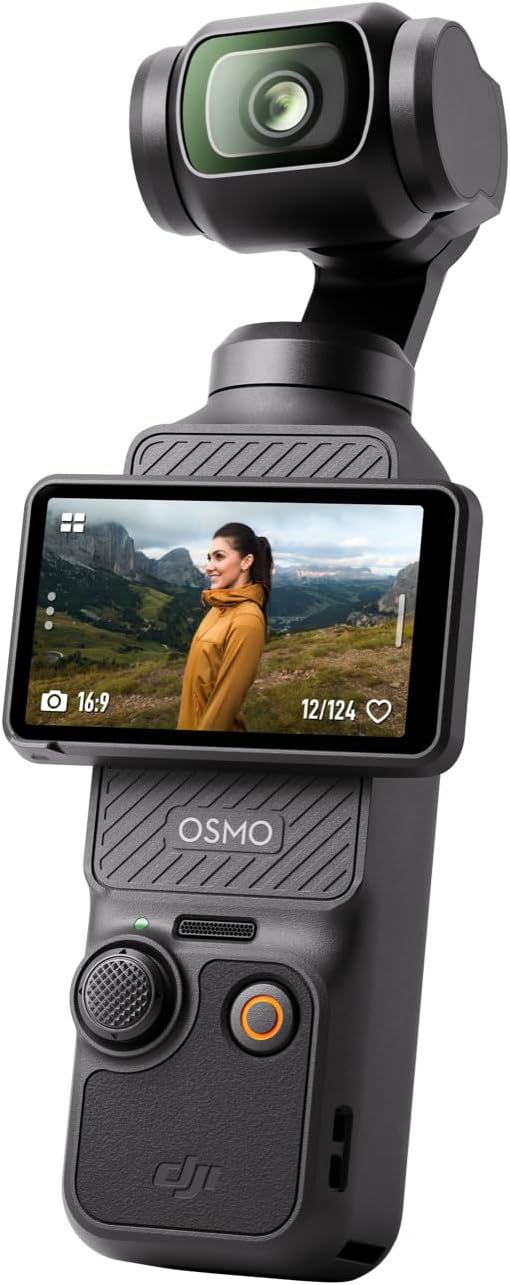 DJI Osmo Pocket 3 handheld gimbal vlogging camera in black with a rotatable 2-inch touchscreen showing a hiker and OSMO branding on the grip