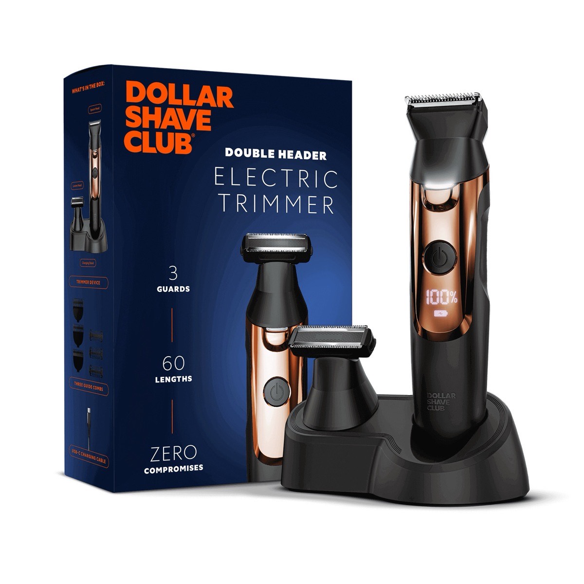 Dollar Shave Club Double Header Electric Trimmer with interchangeable beard and body heads, black housing with LED display
