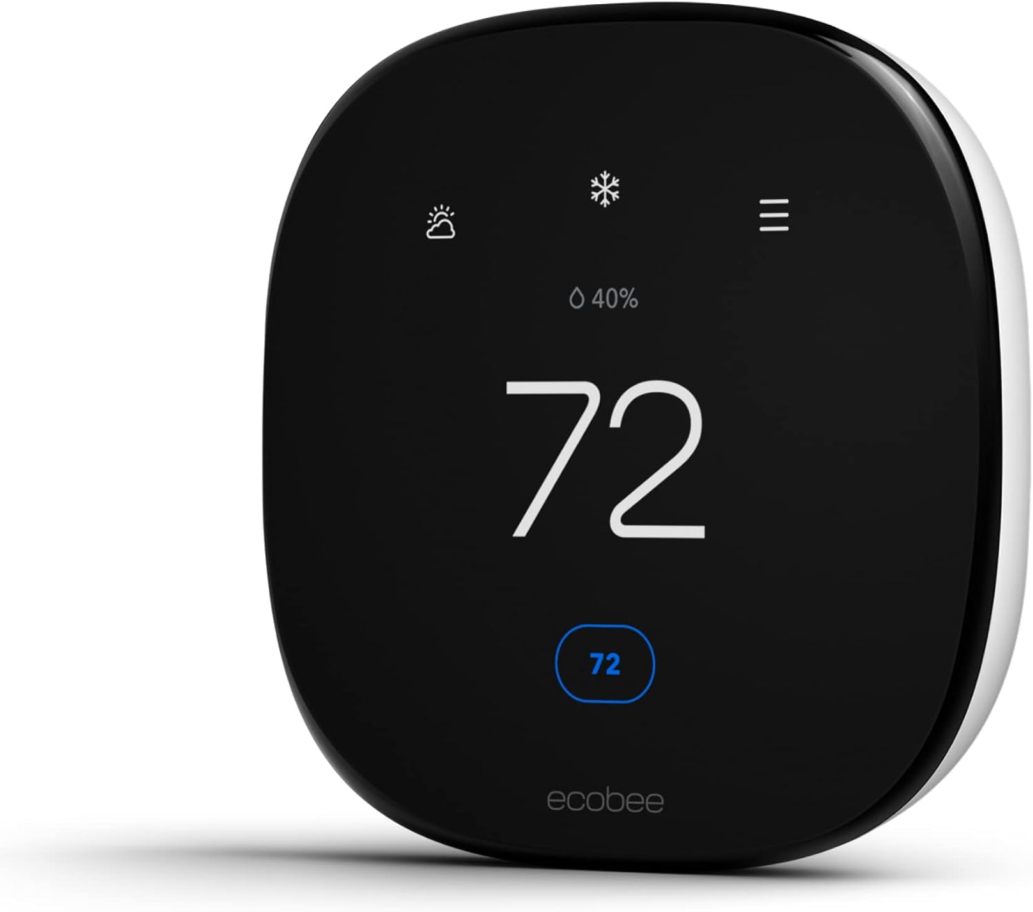 ecobee Smart Thermostat Enhanced with black touchscreen display showing 72 degrees