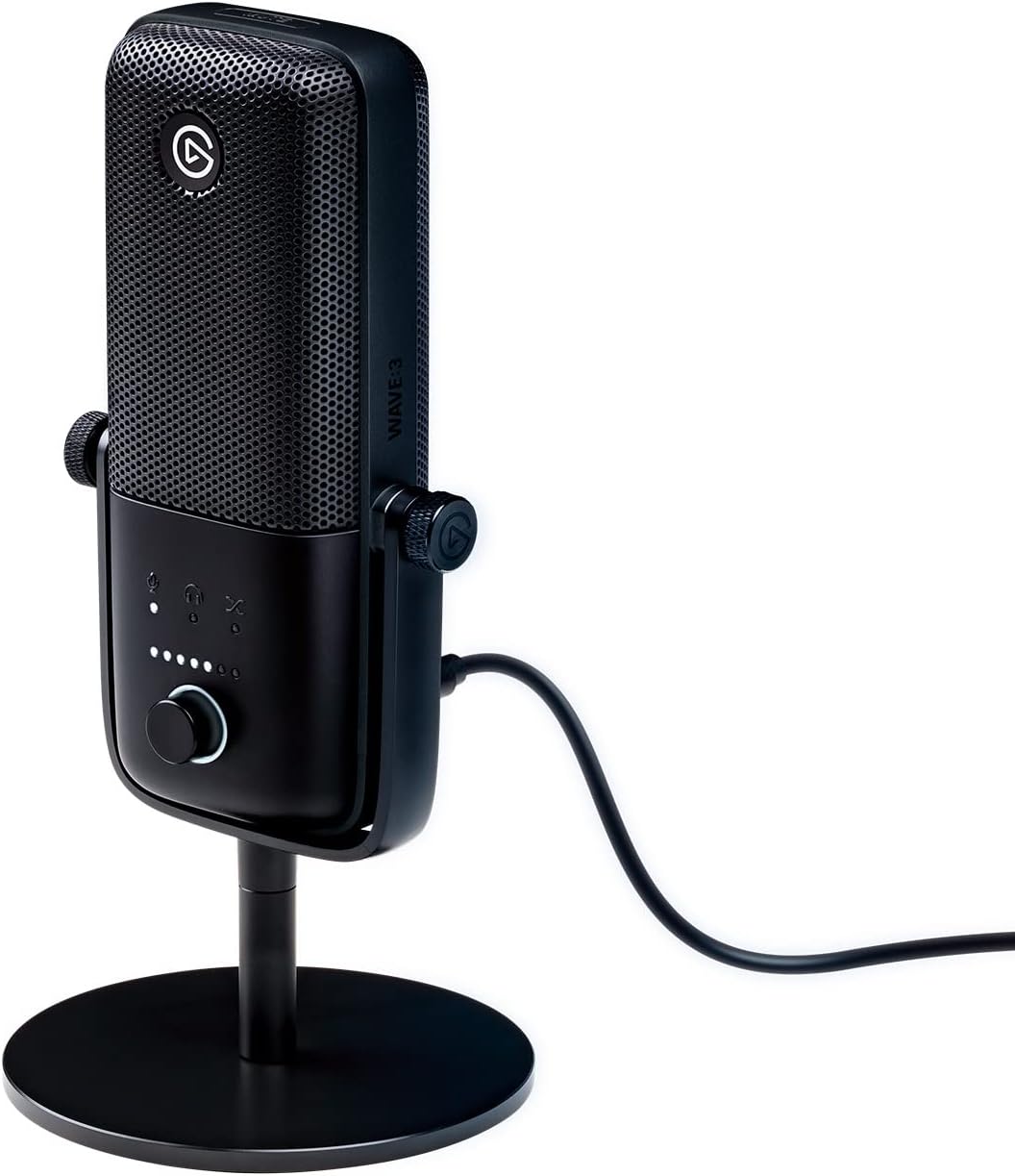 Elgato Wave:3 black USB condenser microphone with touch-sensitive mute button and capacitive dial on desktop stand