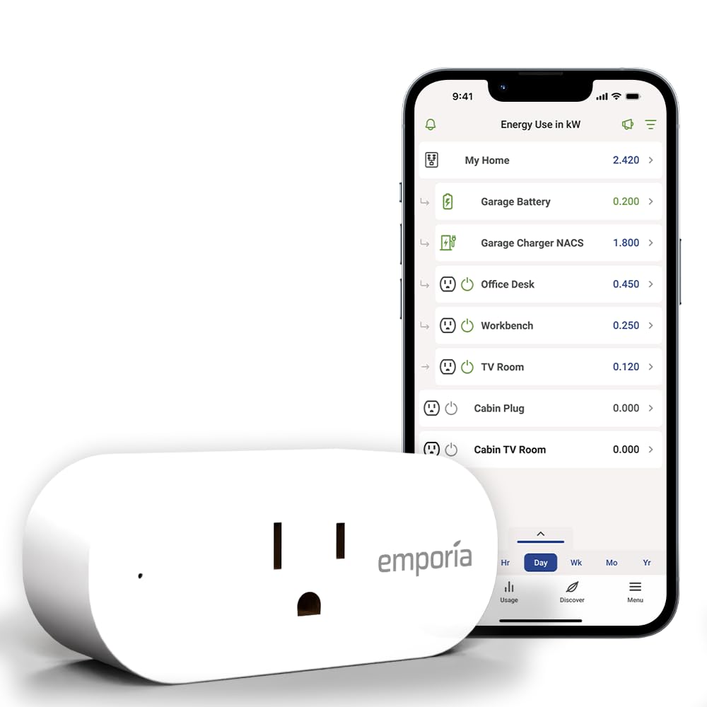 Emporia Energy Monitoring Smart Plug, a white WiFi outlet plug with emporia branding, shown beside a phone displaying the energy-use app dashboard