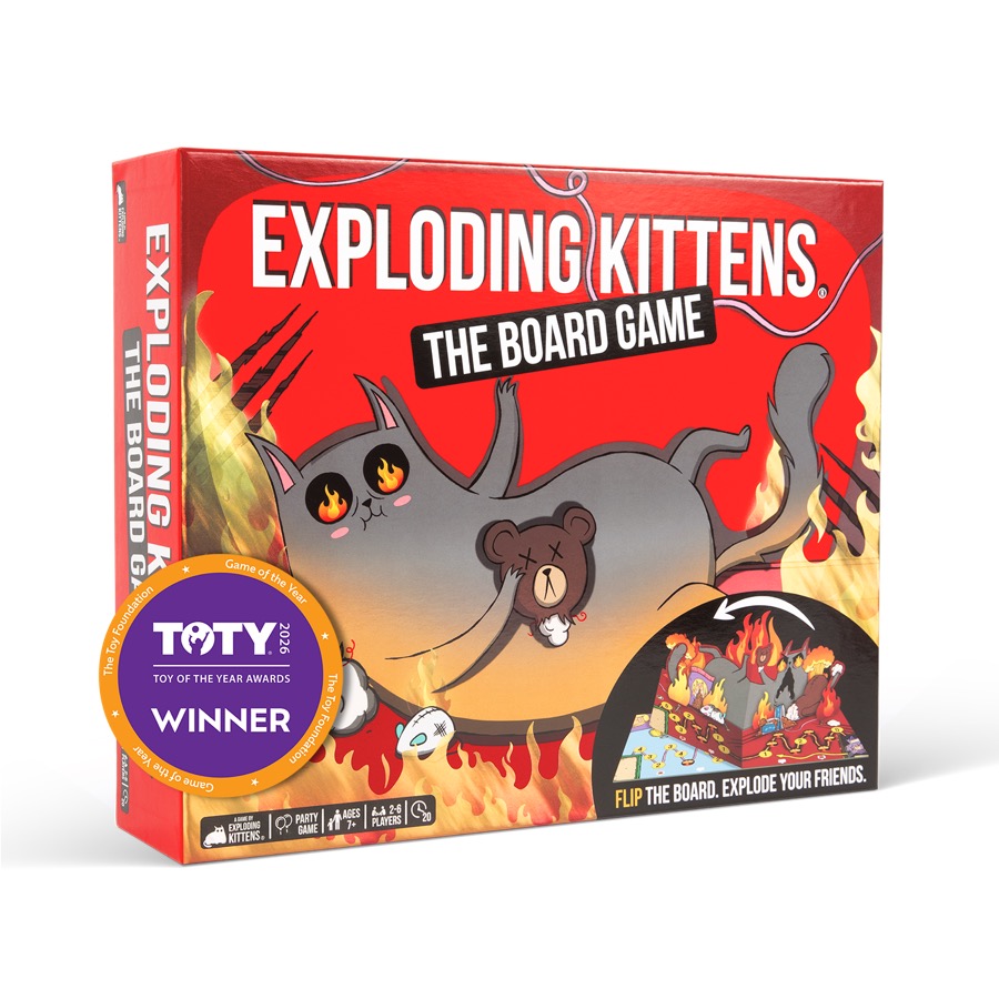 Exploding Kittens: The Board Game box with its pop-up flipping game board, character standees, and 2026 Game of the Year badge