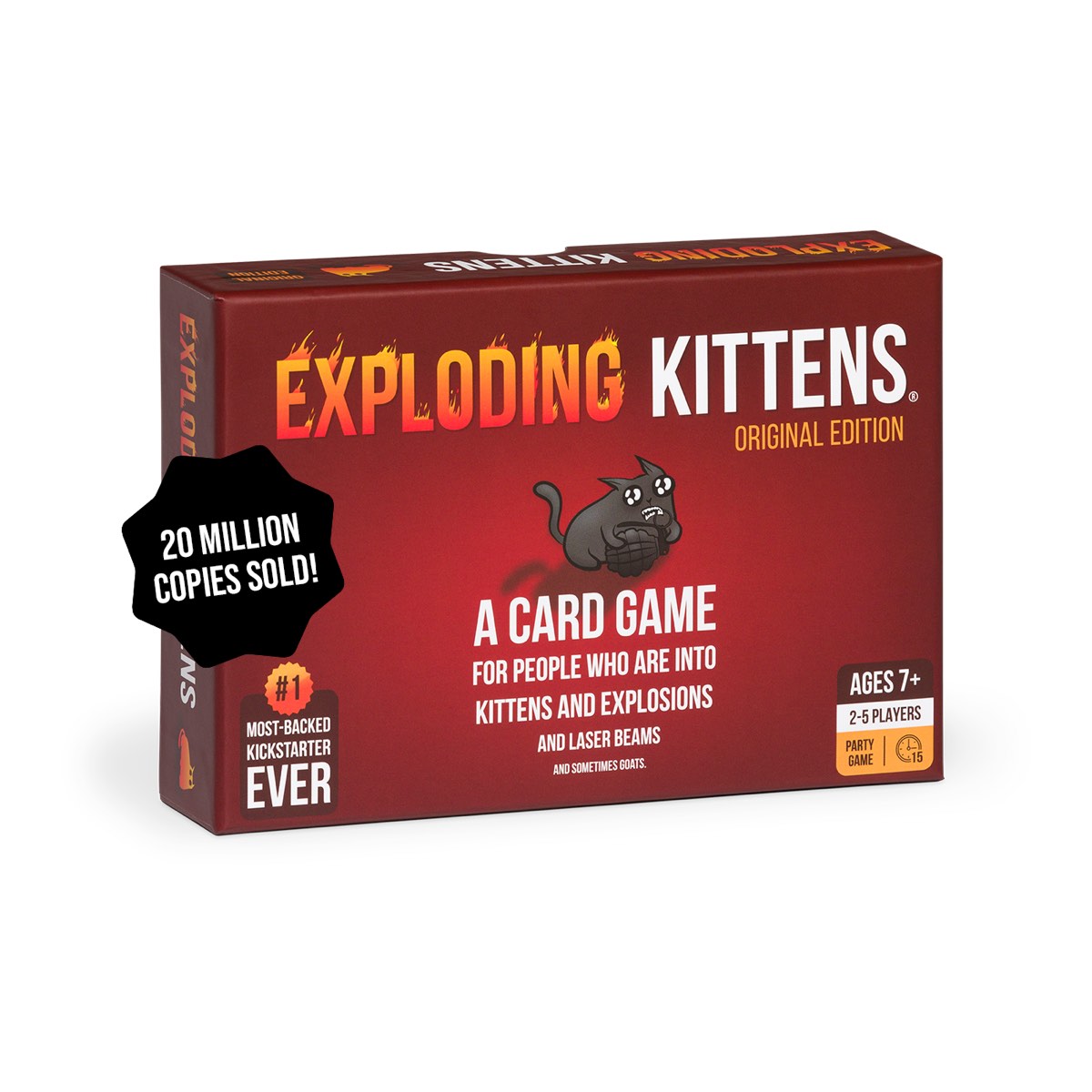 Exploding Kittens Original Edition card game box with red and black artwork by The Oatmeal, angled front view