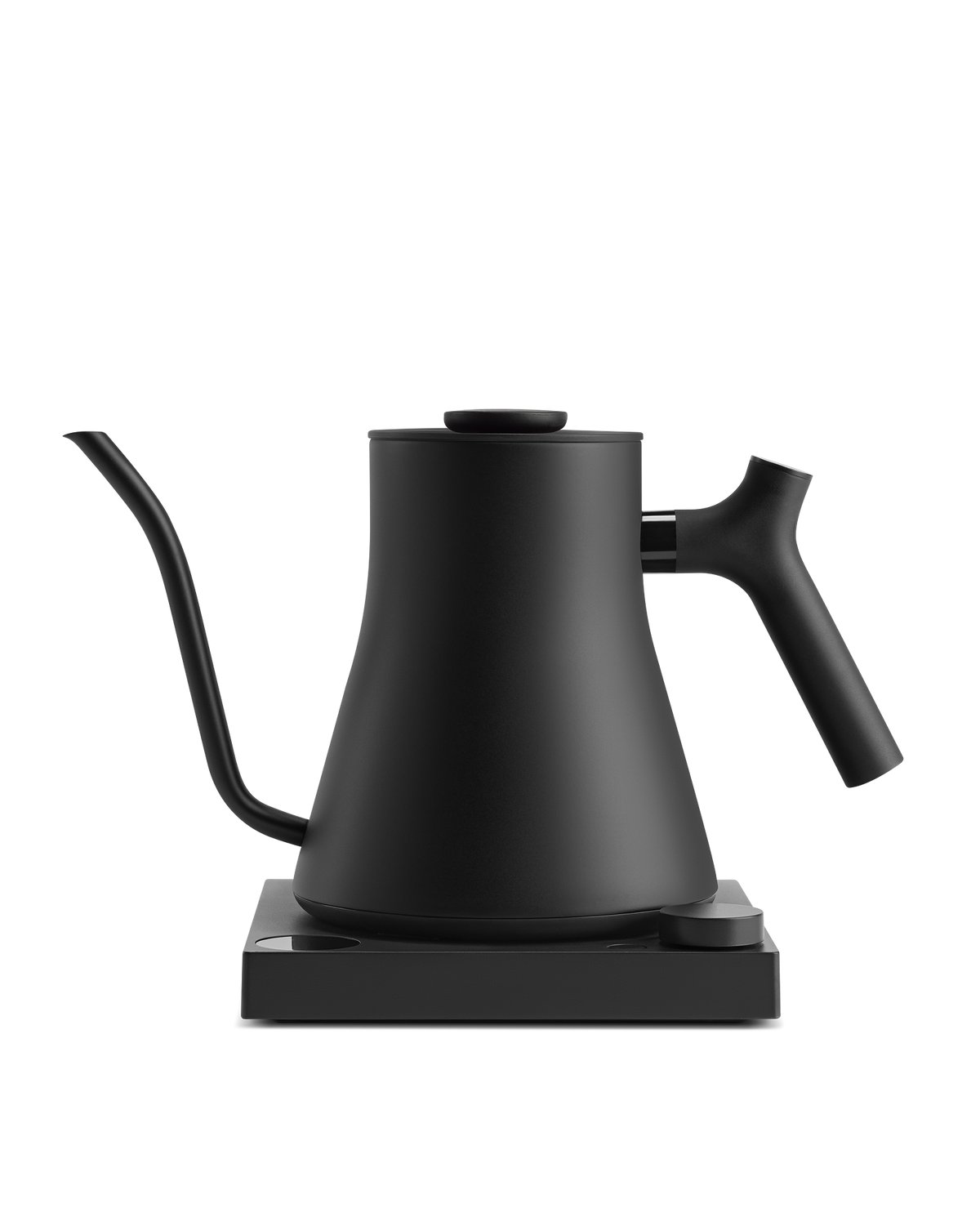Fellow Stagg EKG Pro matte black electric gooseneck kettle with LCD dial base and counterbalanced pour-over spout