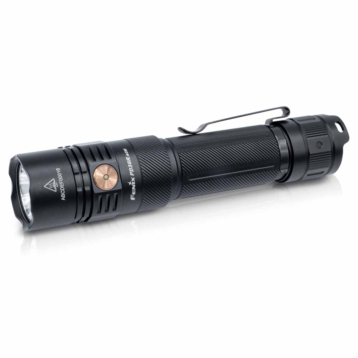 Fenix PD36R ACE rechargeable tactical flashlight with pocket clip and USB-C charging