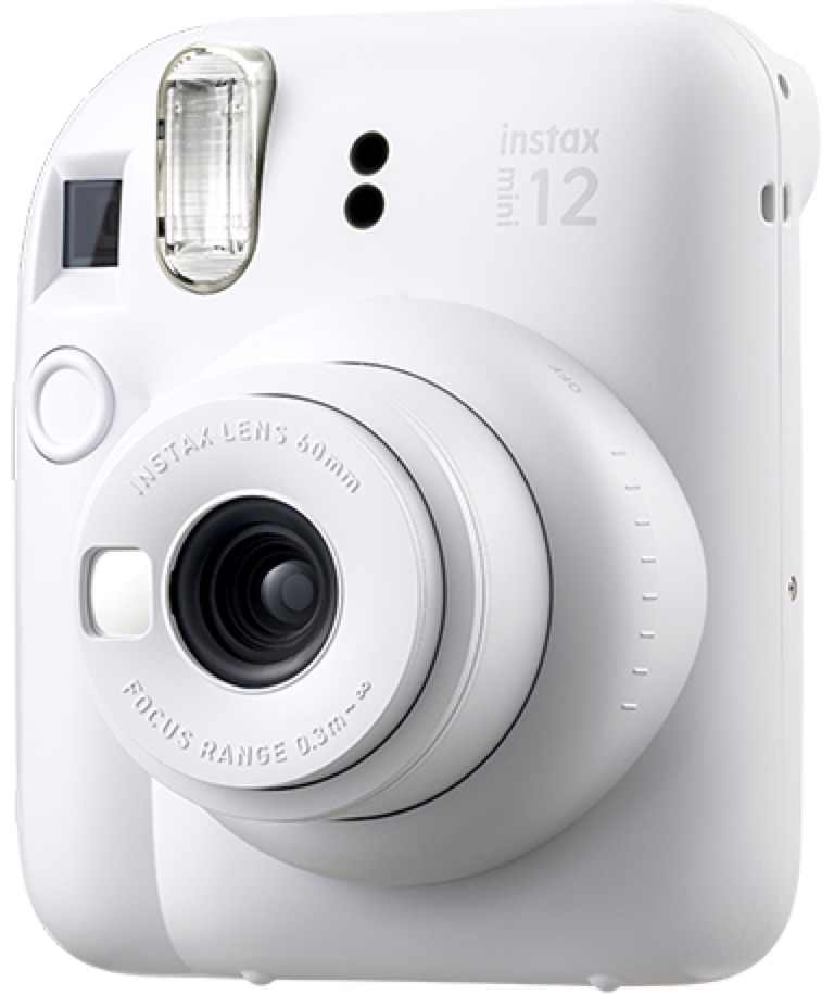 Fujifilm Instax Mini 12 instant camera in clay white with rounded body, built-in selfie mirror, and protruding 60mm lens