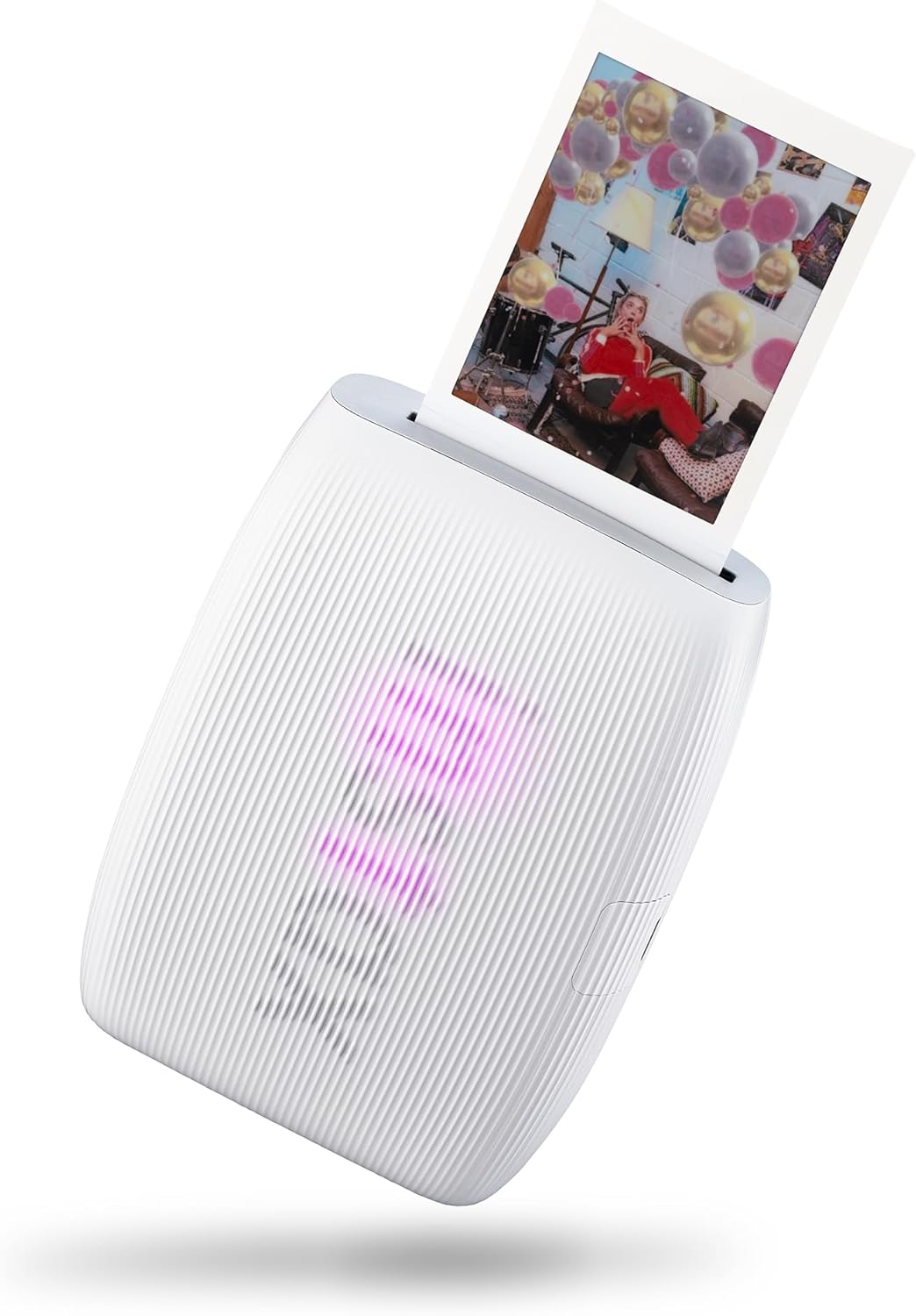 Fujifilm Instax Mini Link 3 smartphone printer in clay white printing a mini photo with a glowing front LED