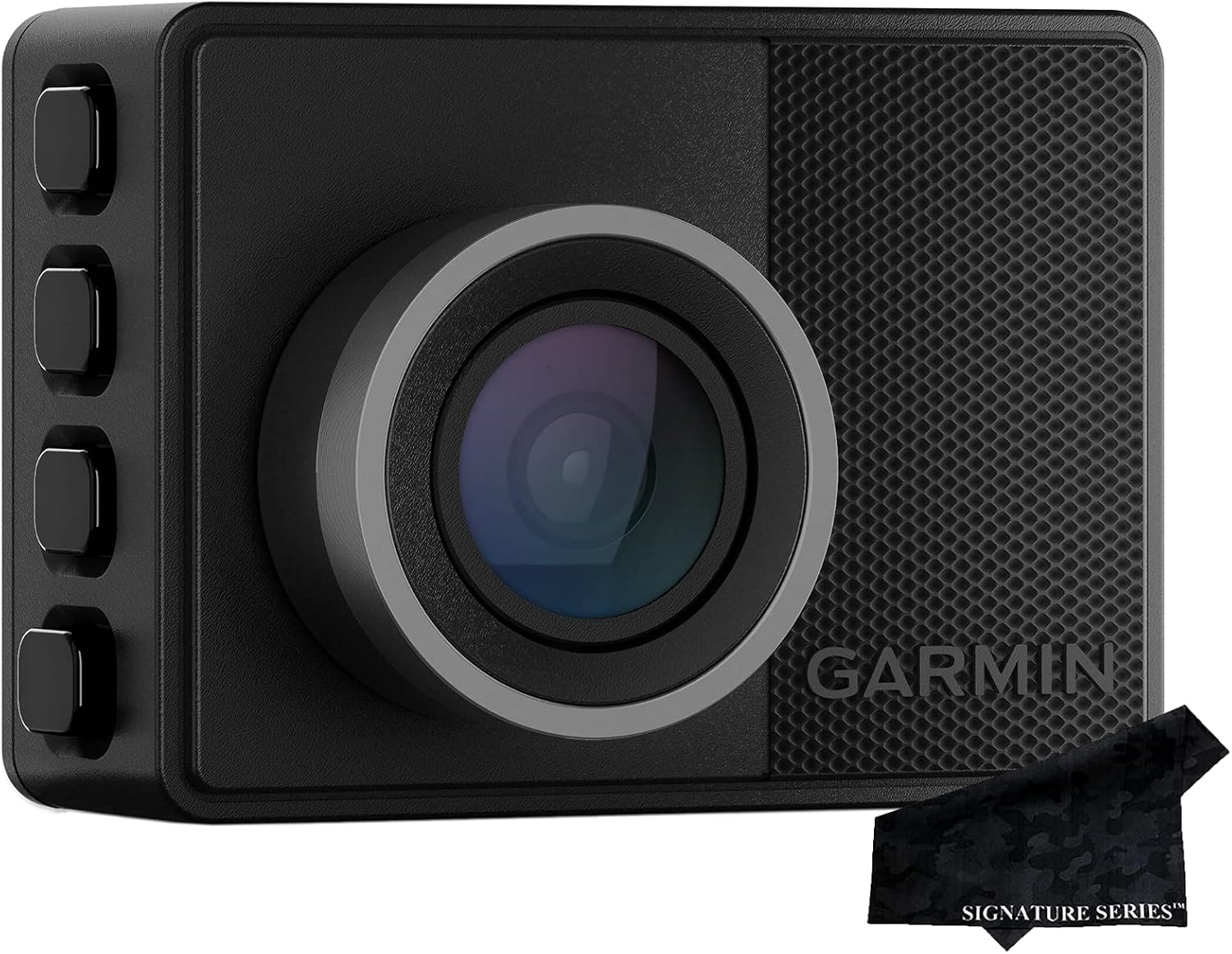 Garmin Dash Cam 57 compact 1440p dash cam with circular lens, textured black body, and Signature Series cleaning cloth