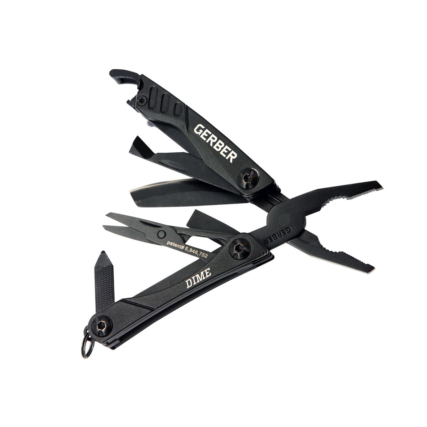 Gerber Dime 12-in-1 Mini EDC Multitool in black with butterfly-open design showing needle nose pliers