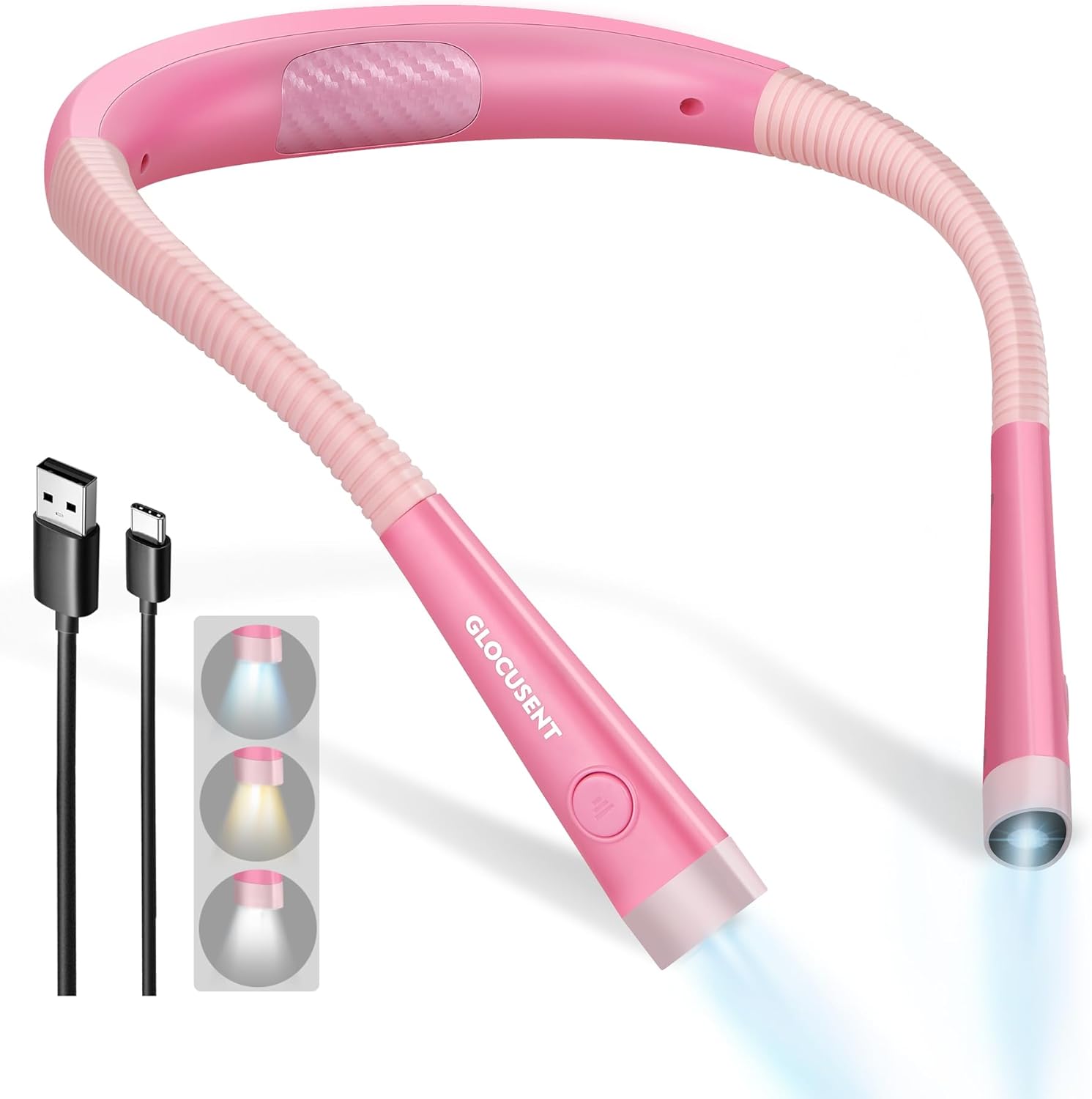 Glocusent LED neck reading light with bendable gooseneck arms, USB-C charging cable, and three color temperature modes shown in pink