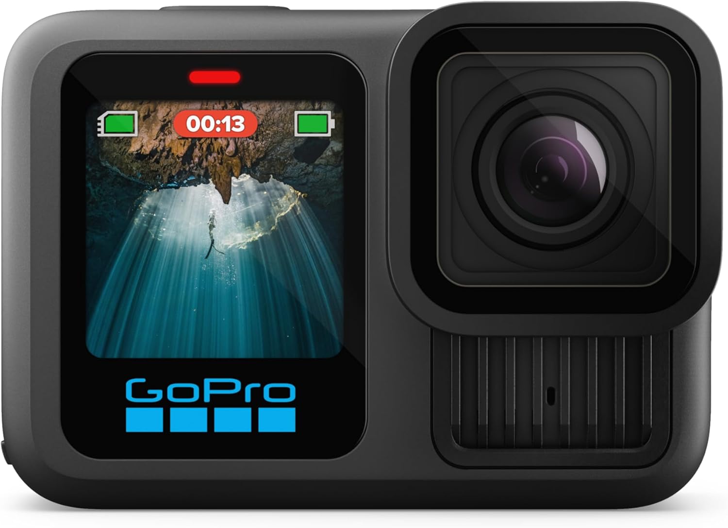 GoPro HERO13 Black waterproof action camera with front color screen showing 00:13 and large protruding lens on white background