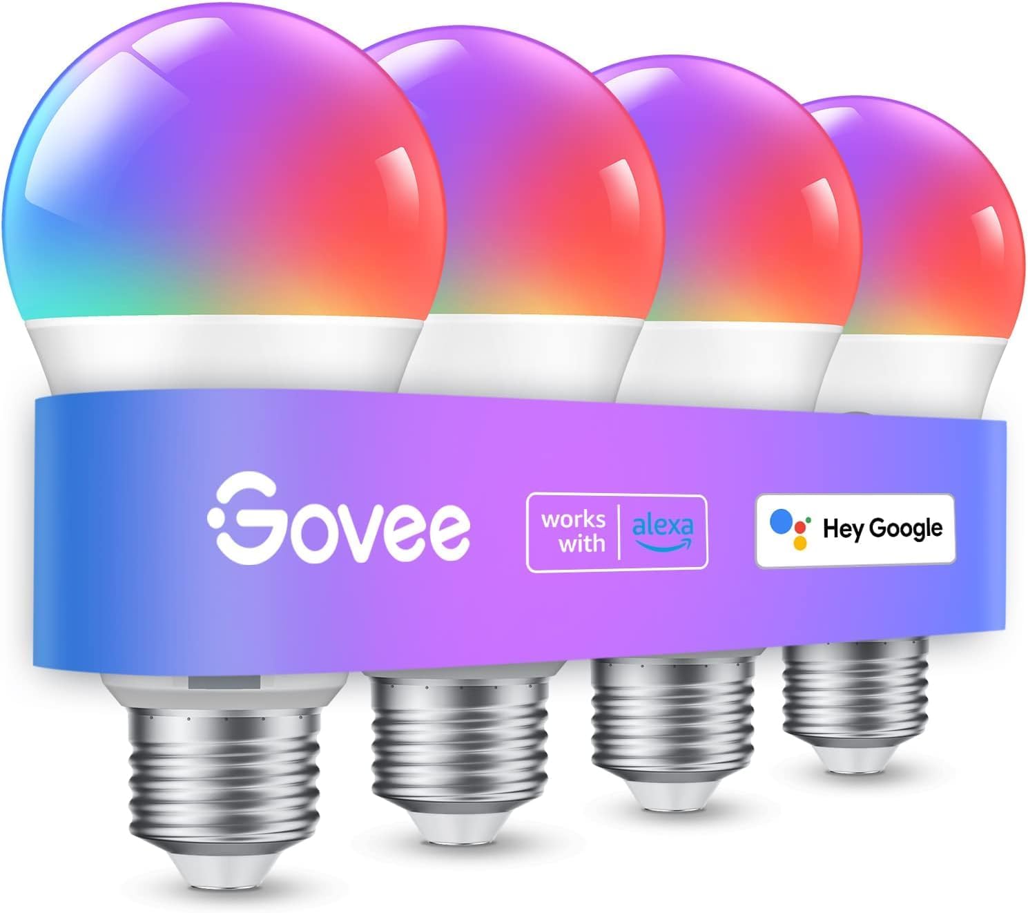 Govee Smart Light Bulbs 4-pack showing A19 LED bulbs with colorful ambient lighting effects