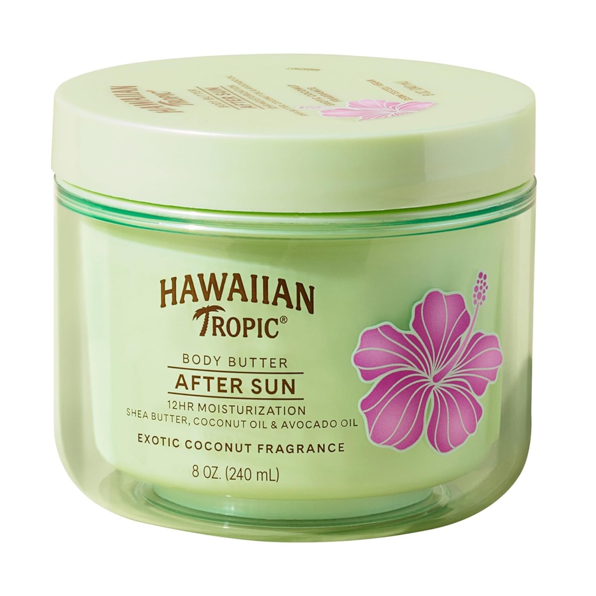 Hawaiian Tropic After Sun Body Butter 8 oz jar with coconut oil, light green packaging and pink hibiscus flower on white background