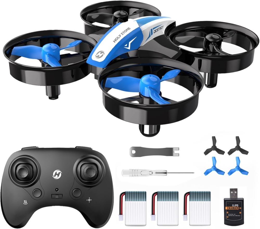 Holy Stone HS210 blue palm-sized mini drone with four protective propeller guards on a white background
