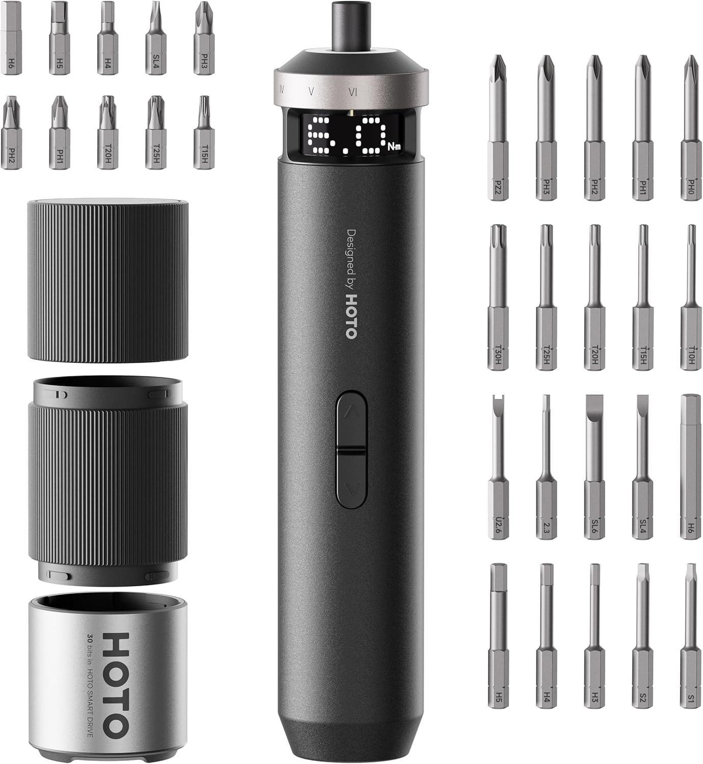 HOTO PixelDrive electric screwdriver with smart display and triple-layer bit cylinder in black