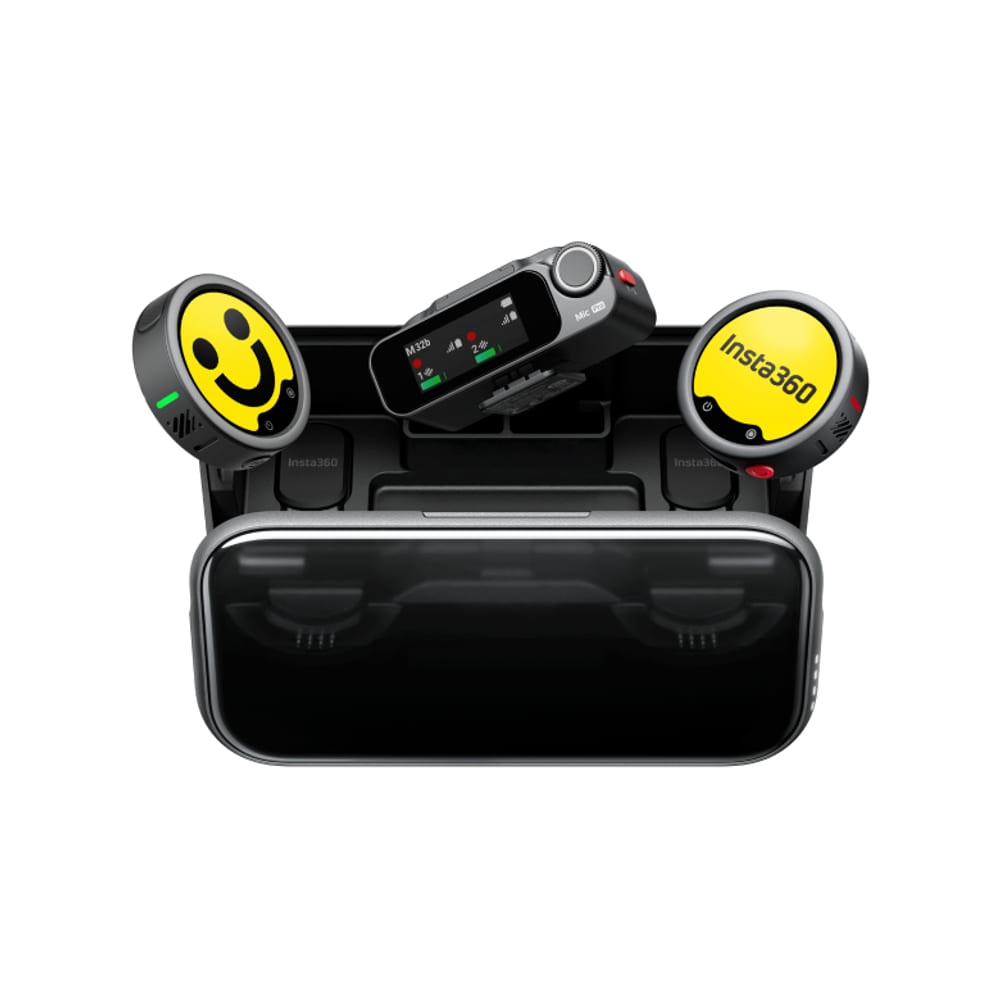 Insta360 Mic Pro wireless transmitters with customizable E-ink display and charging case