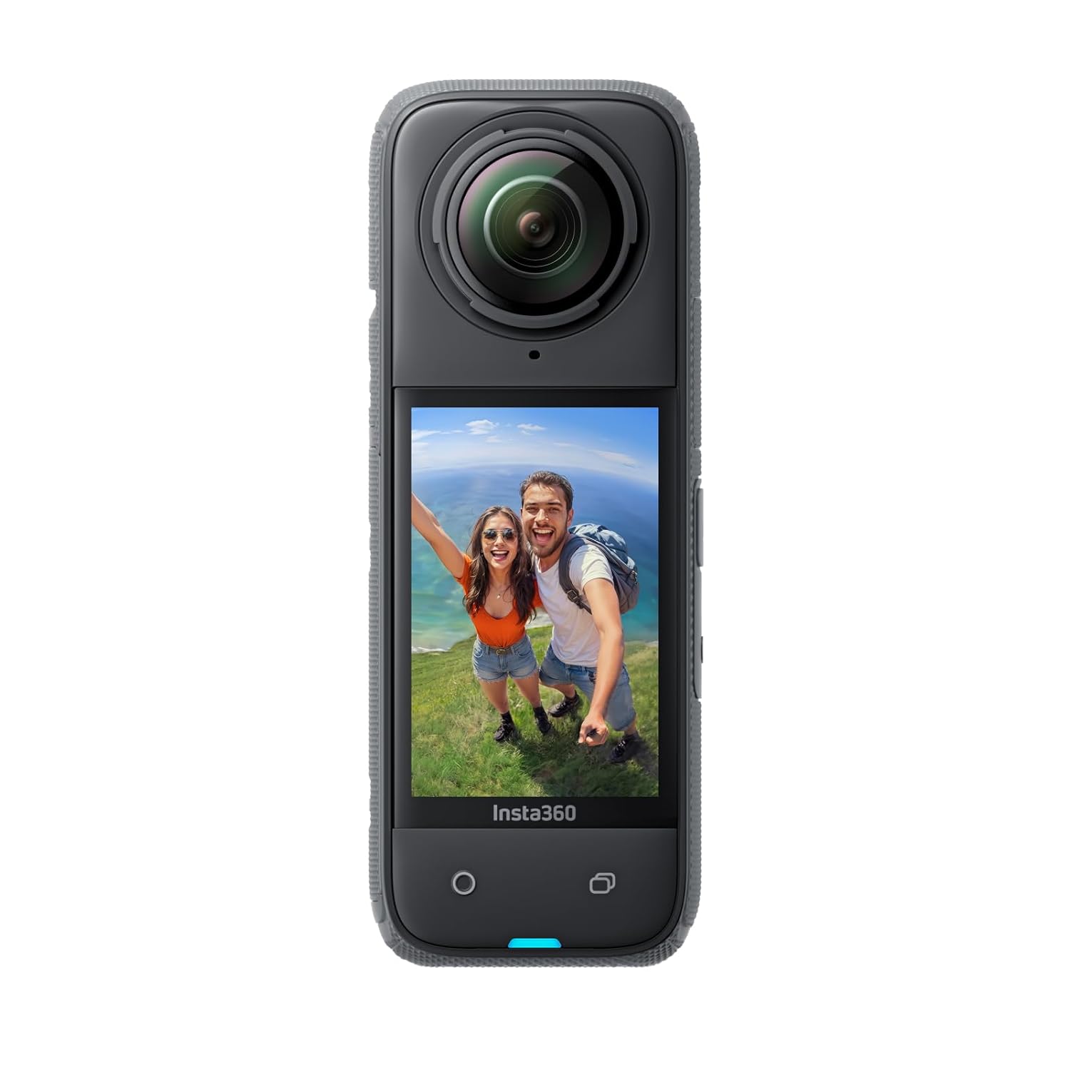 Insta360 X4 waterproof 360 action camera with dual lenses and vertical black body on white background