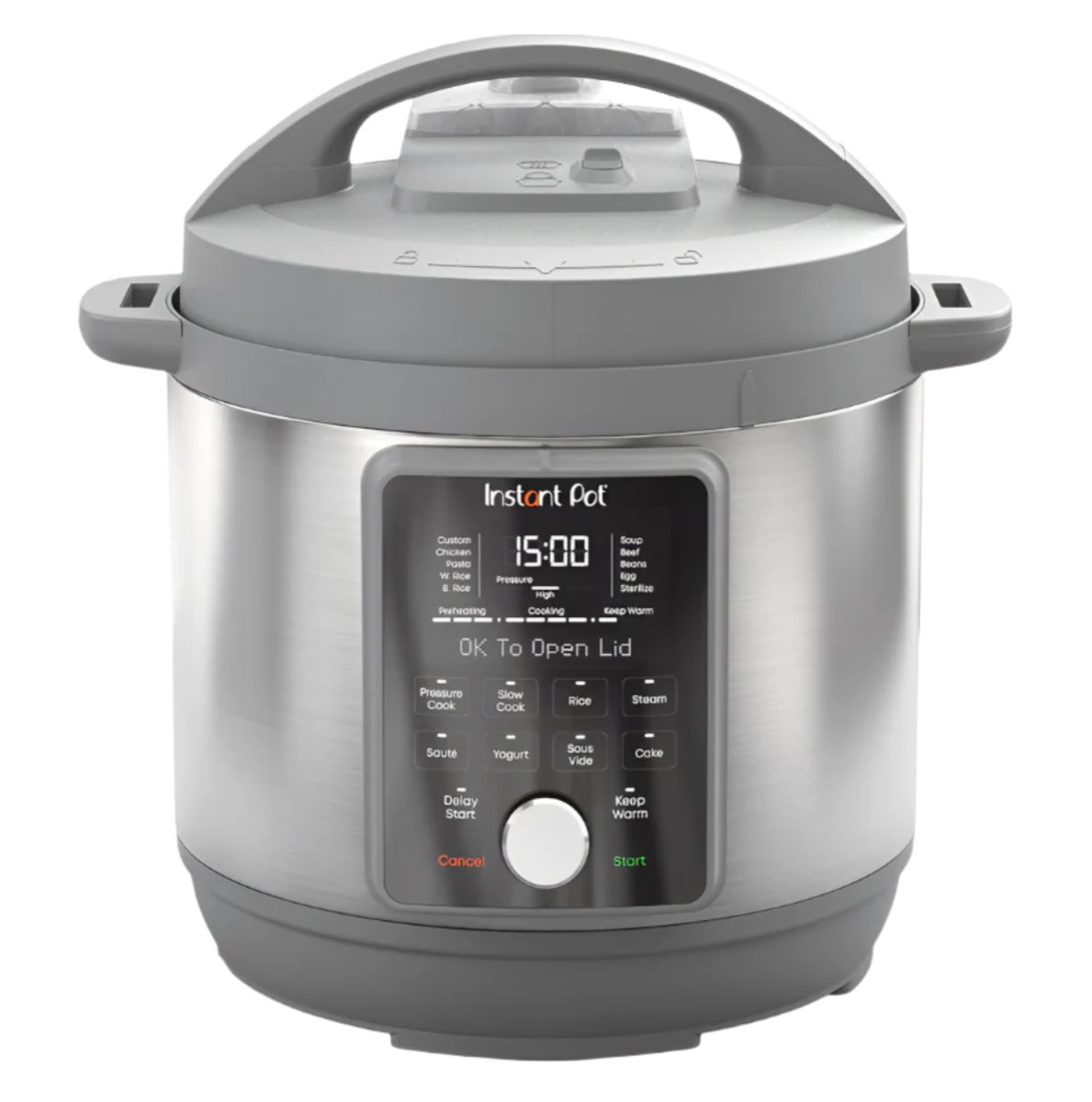 Instant Pot Duo 7-in-1 stainless steel electric pressure cooker with digital control panel and gray lid handle