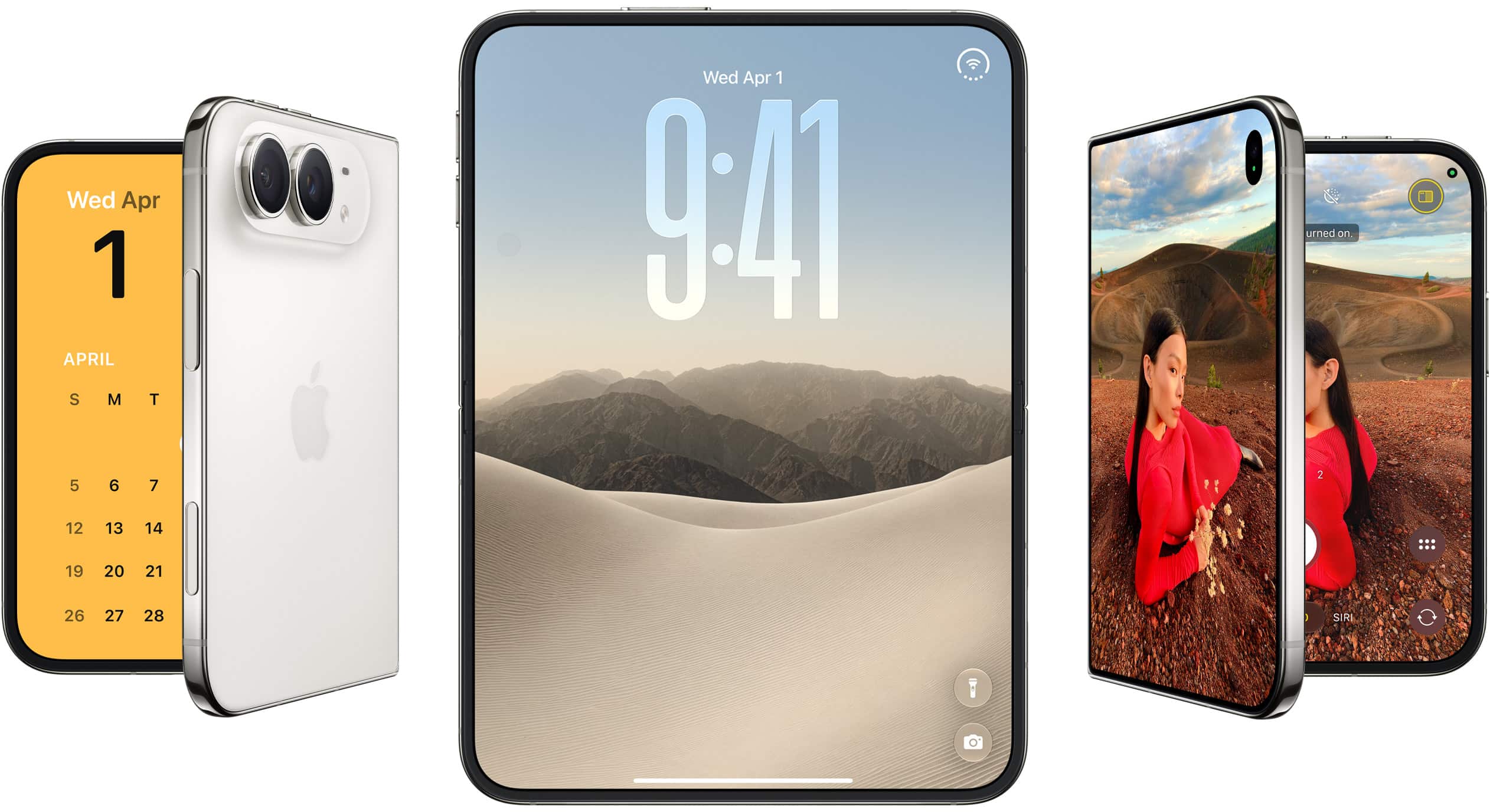 Apple iPhone Duo in star white shown from five angles on a white background: the outer display with a calendar, the rear with its two-lens camera bump, the inner display unfolded to a lock screen, and two half-open side views