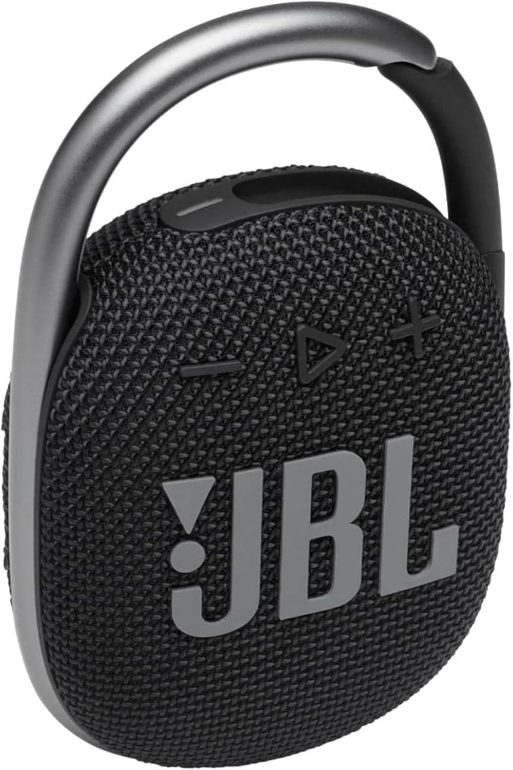 JBL Clip 4 portable Bluetooth speaker in black with integrated carabiner and fabric-wrapped oval design