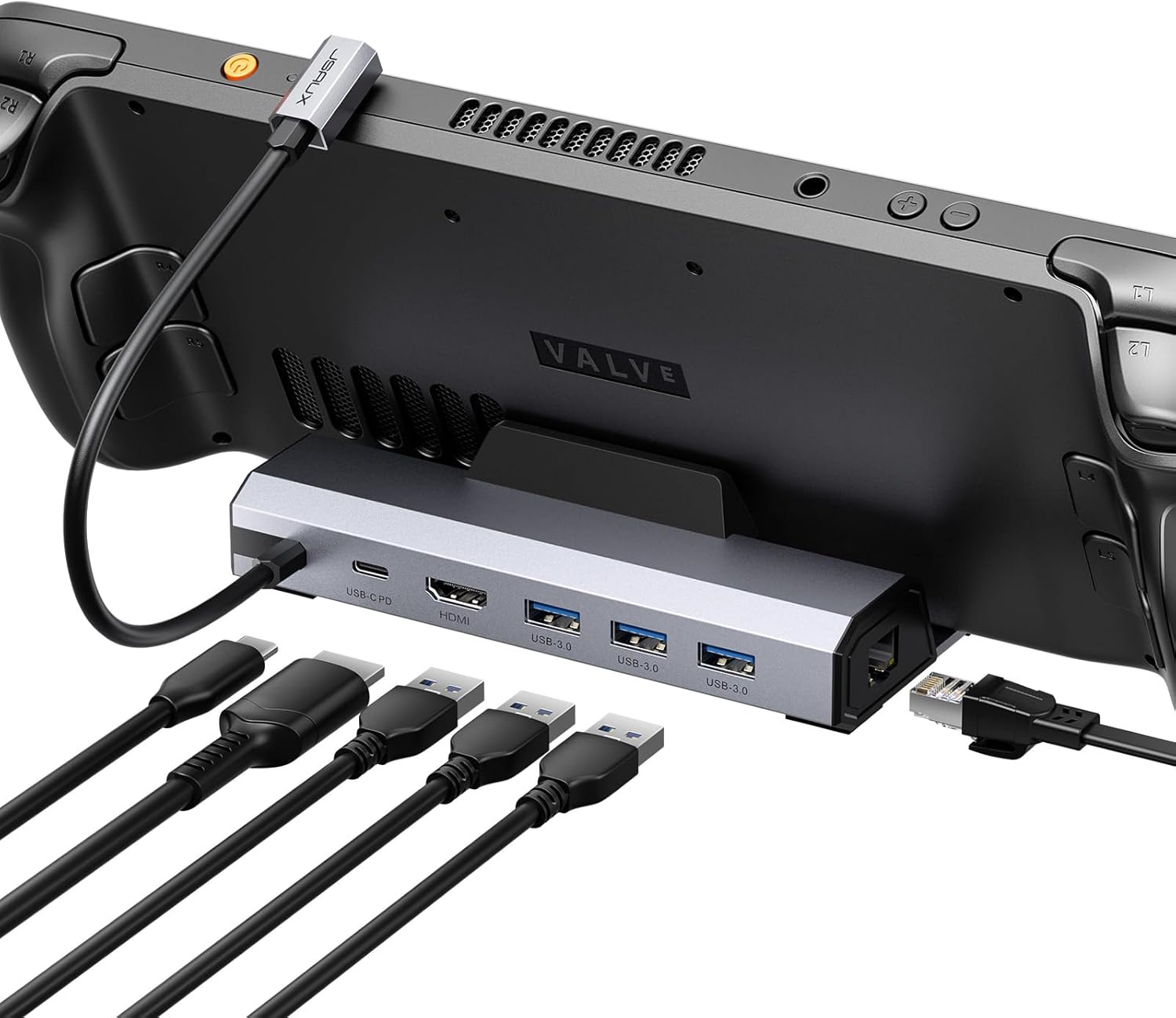 JSAUX 6-in-1 docking station stand for a Steam Deck, showing HDMI, Ethernet and USB ports