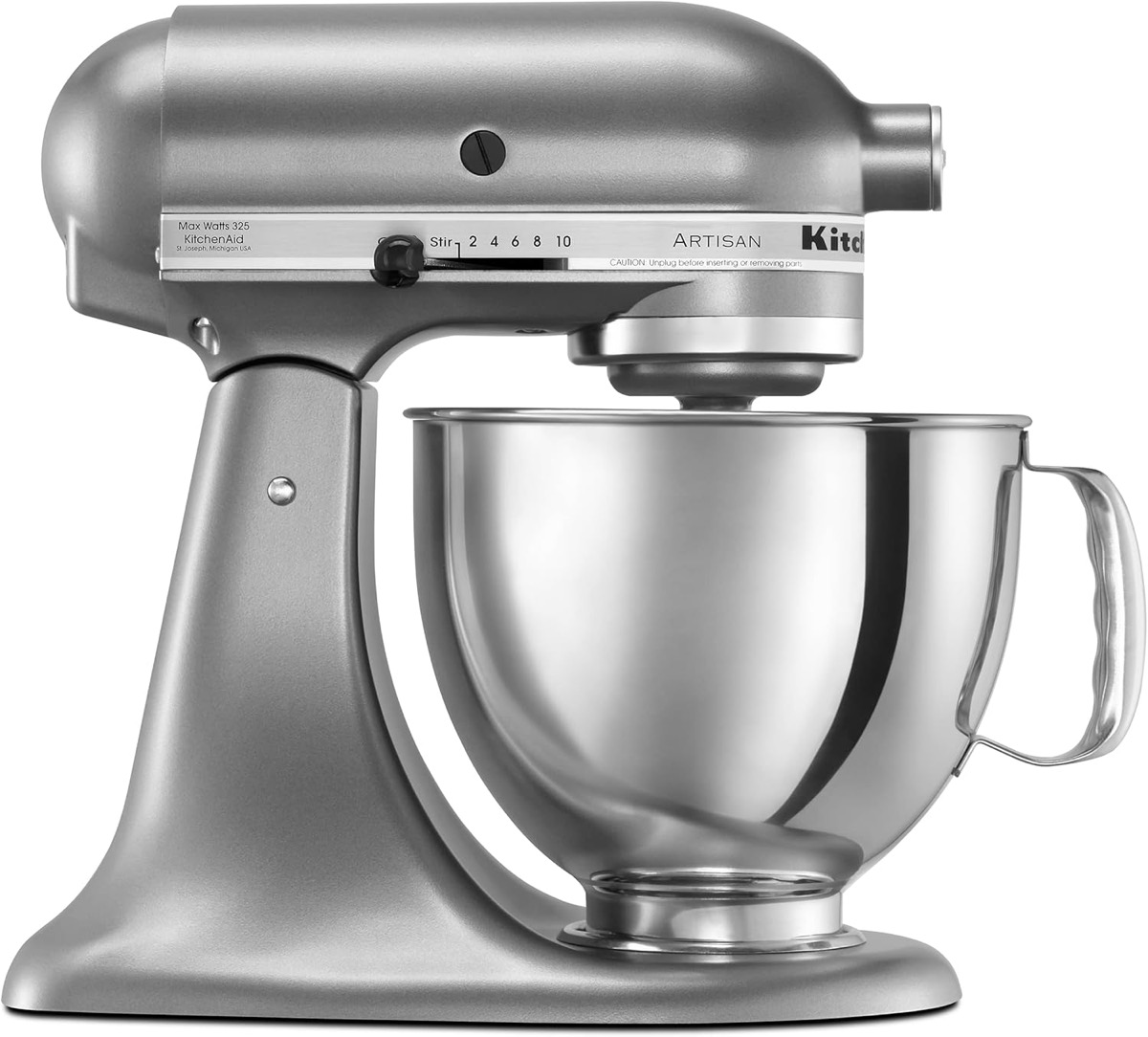 KitchenAid Artisan KSM150PS 5-quart tilt-head stand mixer in Contour Silver with stainless steel bowl, flat beater and wire whip