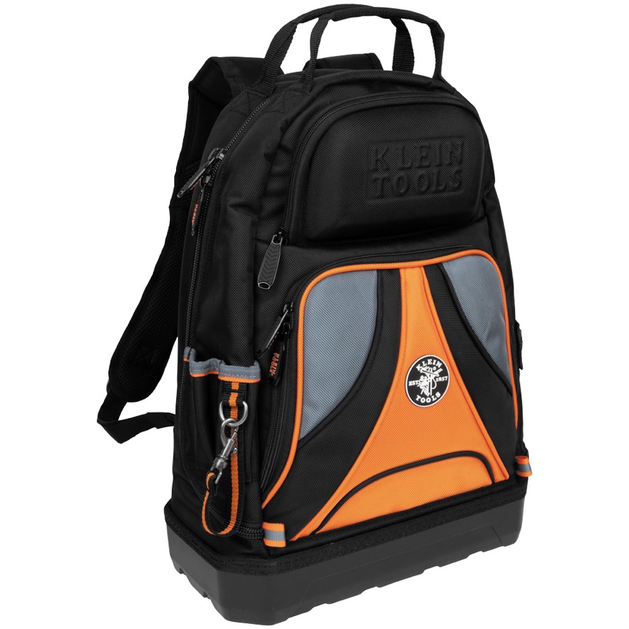 Klein Tools 55421BP-14 tool backpack with black ballistic body, molded base, and bright orange interior
