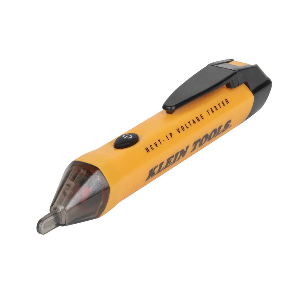 Klein Tools NCVT-1P non-contact voltage tester pen in yellow and black with pocket clip, power button, and clear sensor tip