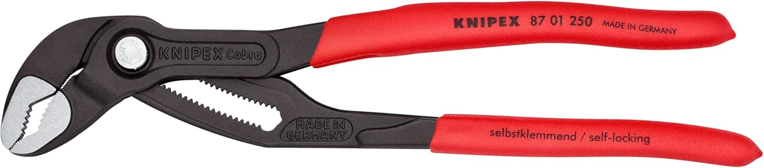 KNIPEX Cobra 87 01 250 red water pump pliers with non-slip plastic grips and polished chrome vanadium jaws