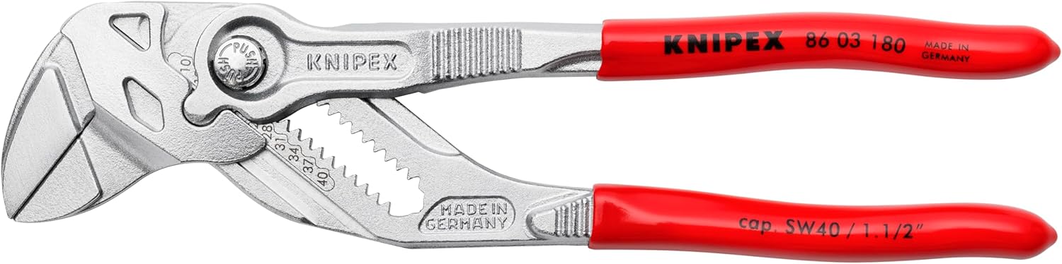 Knipex 86 03 180 chrome pliers wrench with red plastic handles and parallel jaw design