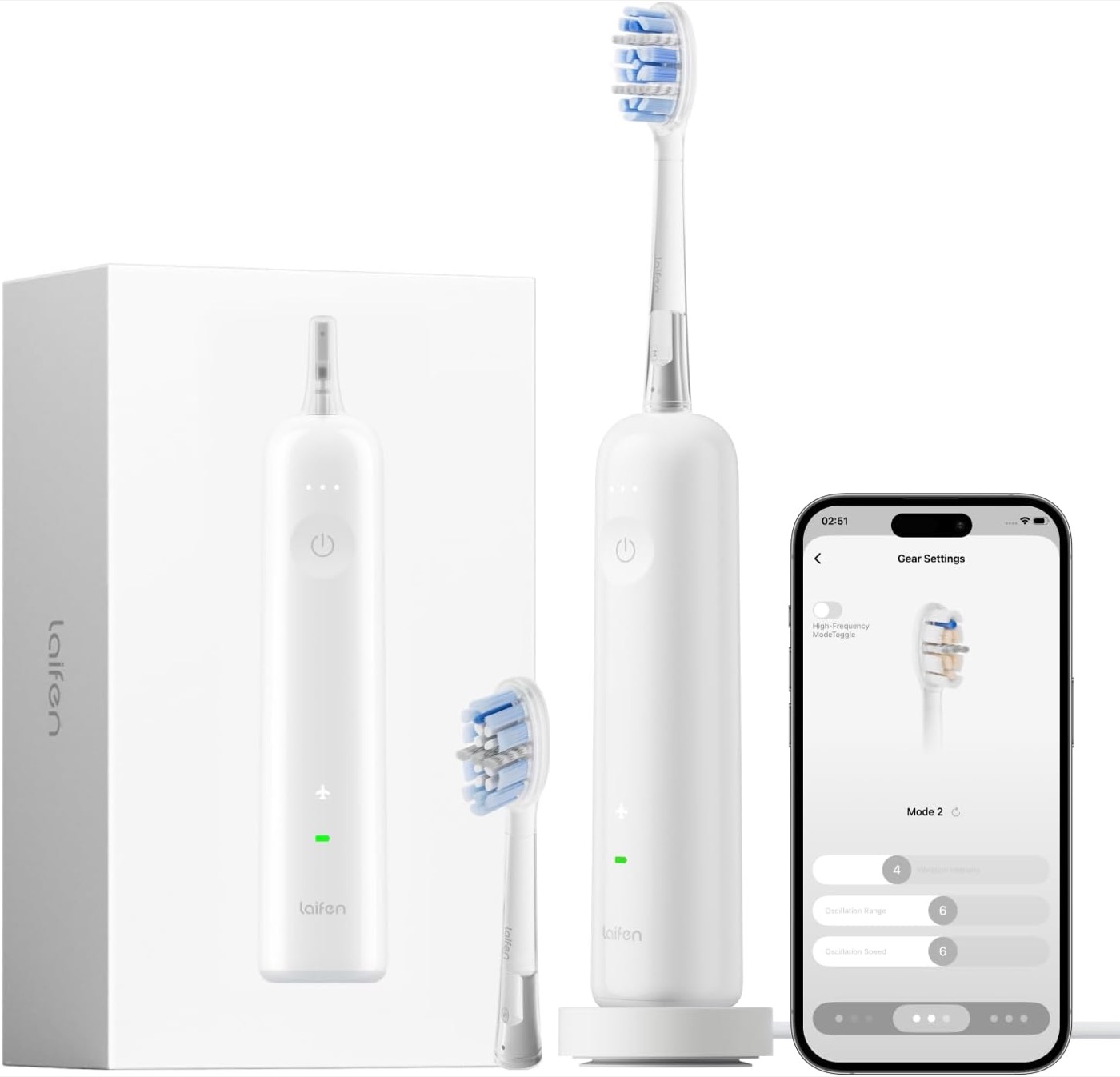 Laifen Wave Pro sonic electric toothbrush in white, standing on its wireless charging base beside a spare brush head, the white retail box and a phone showing the app Gear Settings screen with Oscillation Range and Oscillation Speed sliders