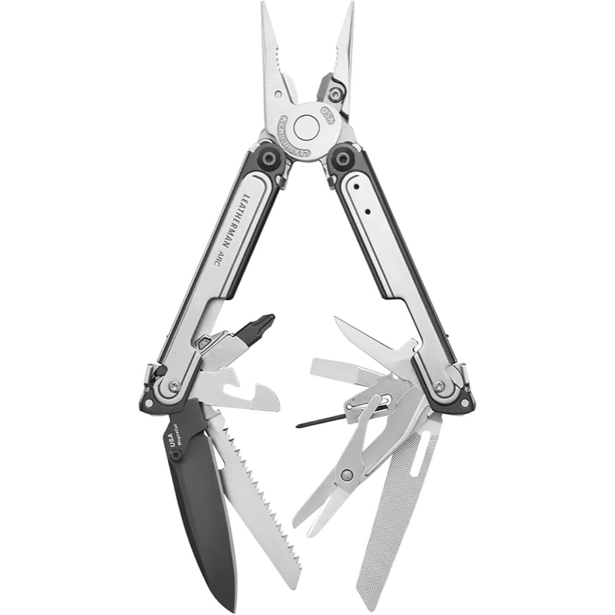 Leatherman ARC 20-in-1 multitool with stainless finish, folded handles, and plier-based design on a white background