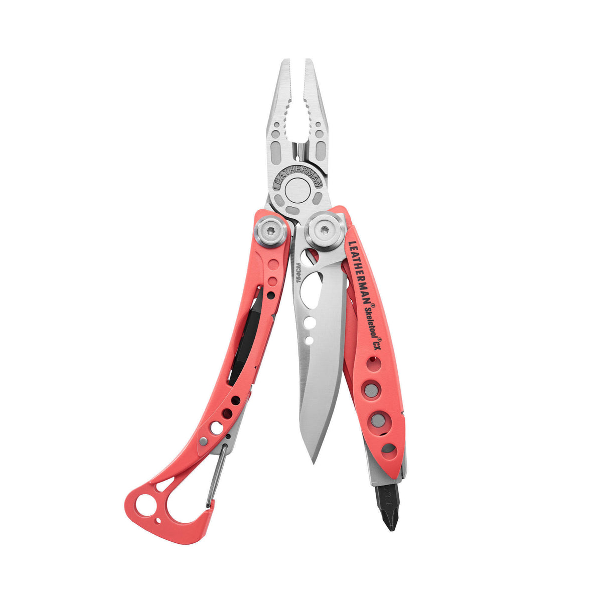 Leatherman Skeletool CX 7-in-1 multi-tool in fanned position showing pliers, knife, and bit driver