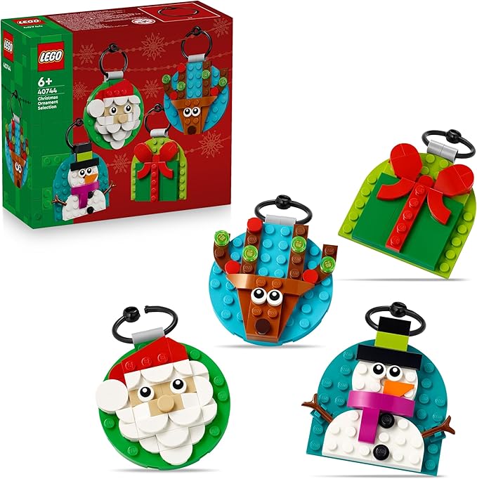 LEGO 40744 Weihnachtsschmuck-Auswahl Box mit vier baubaren Weihnachtsdekorationen: Weihnachtsmann, Rentier, Schneemann und Geschenk