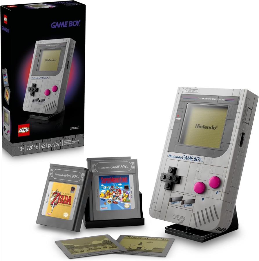 LEGO Game Boy set 72046 built model in classic grey with maroon buttons, dot-matrix screen, and a brick-built Game Pak on its display stand
