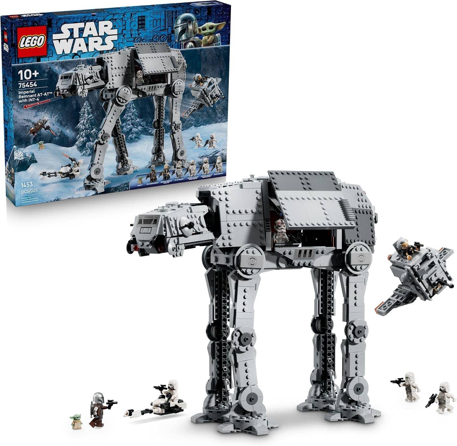 Assembled LEGO Star Wars Imperial Remnant AT-AT walker with an upper panel hinged open, shown beside its product box, the escape pod and the set's Star Wars figures