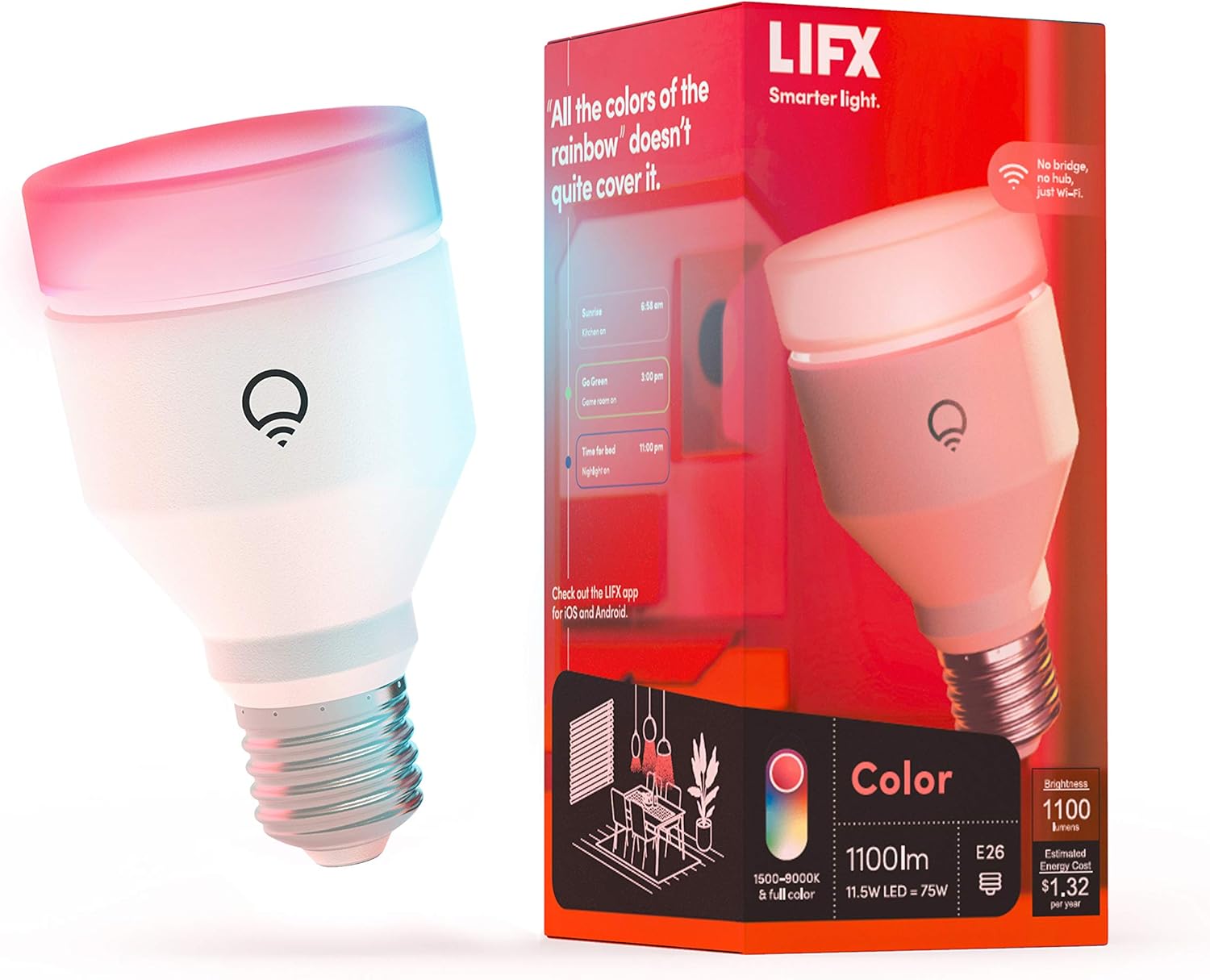 LIFX Color A19 smart LED bulb glowing in pink and blue beside its retail box on a white background