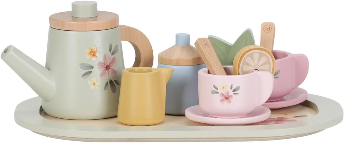 Little Dutch wooden tea set in Mint with sage teapot, blue sugar pot, mustard milk jug, pink cups and saucers, wooden spoons and oval serving tray on a white background
