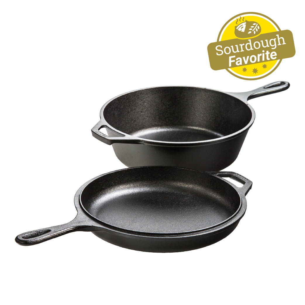Lodge LCC3 Cast Iron Combo Cooker showing 3.2 quart deep pot and 10.25 inch skillet lid stacked, pre-seasoned matte black finish