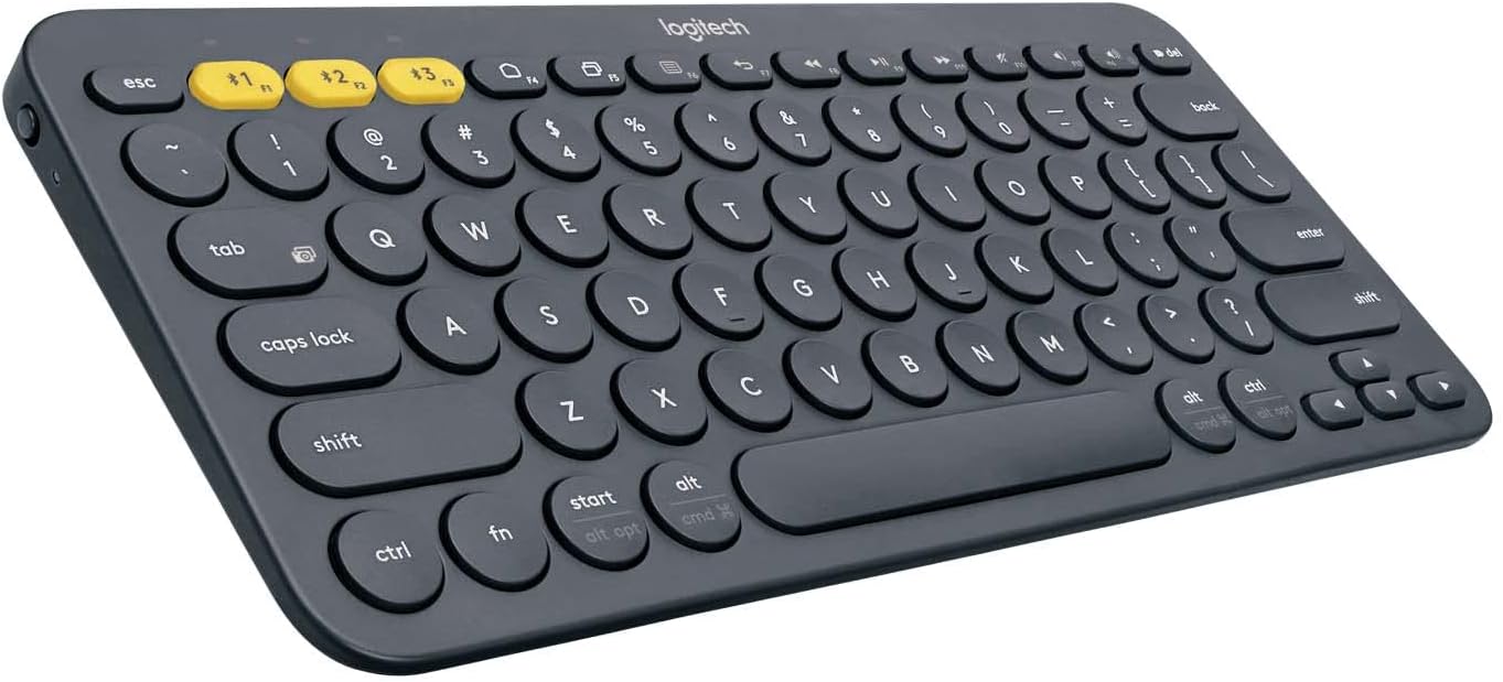 Logitech K380 multi-device Bluetooth keyboard in dark grey with round keys and compact layout