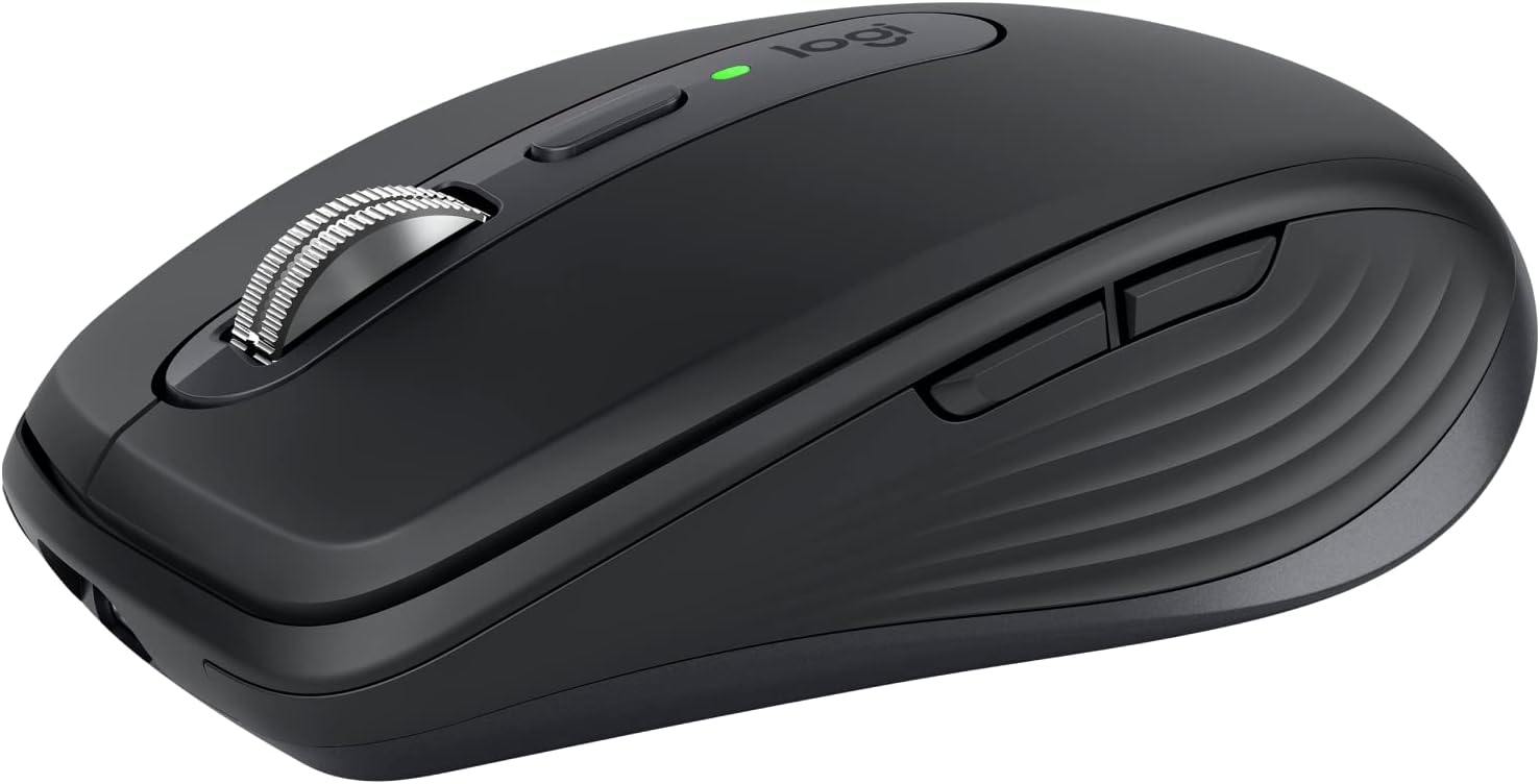 Logitech MX Anywhere 3S compact wireless mouse in graphite with ergonomic contoured design and dark scroll wheel
