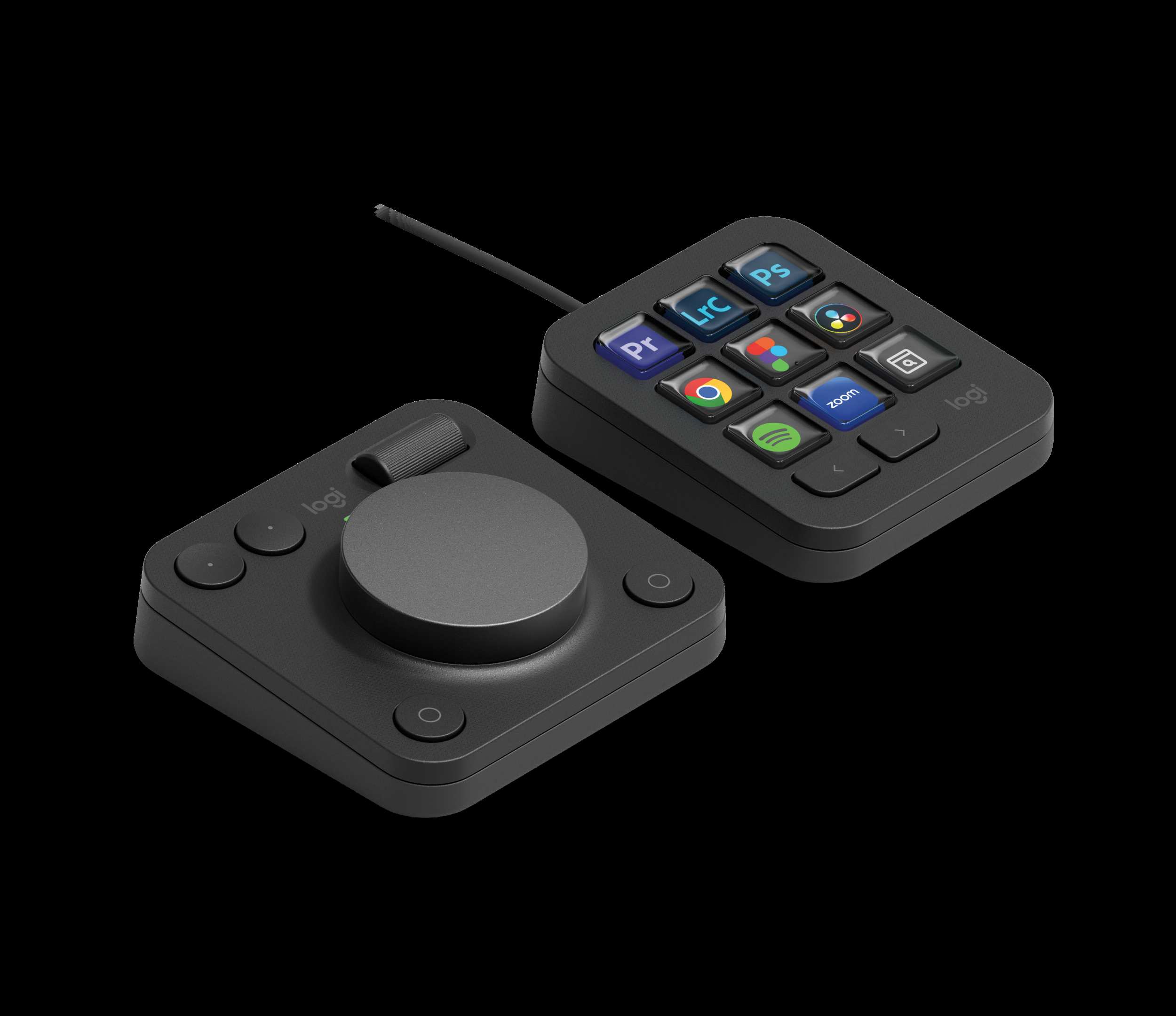 Logitech MX Creative Console Graphite creative keypad and dialpad with LCD keys, aluminum dial, and matching stand