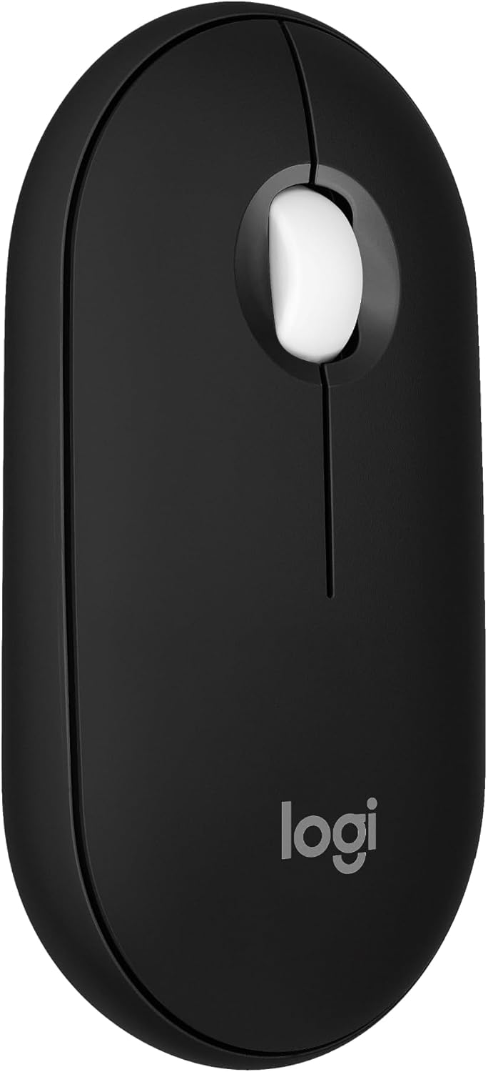 Logitech Pebble Mouse 2 M350s slim wireless Bluetooth mouse in black with rounded pebble-shaped design
