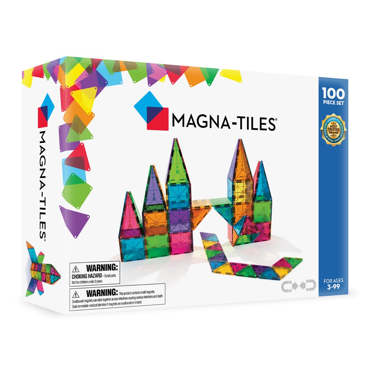 Magna-Tiles Clear Colors 100-Piece Set retail box showing a colorful translucent magnetic tile castle in six colors