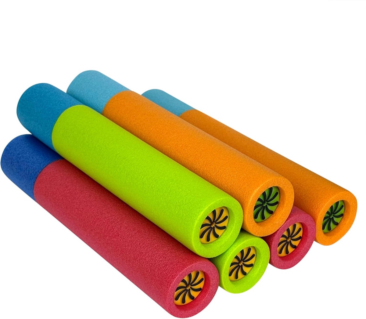 Max Liquidator six-pack of colorful foam water blasters fanned out on a white background showing their pinwheel nozzle ends