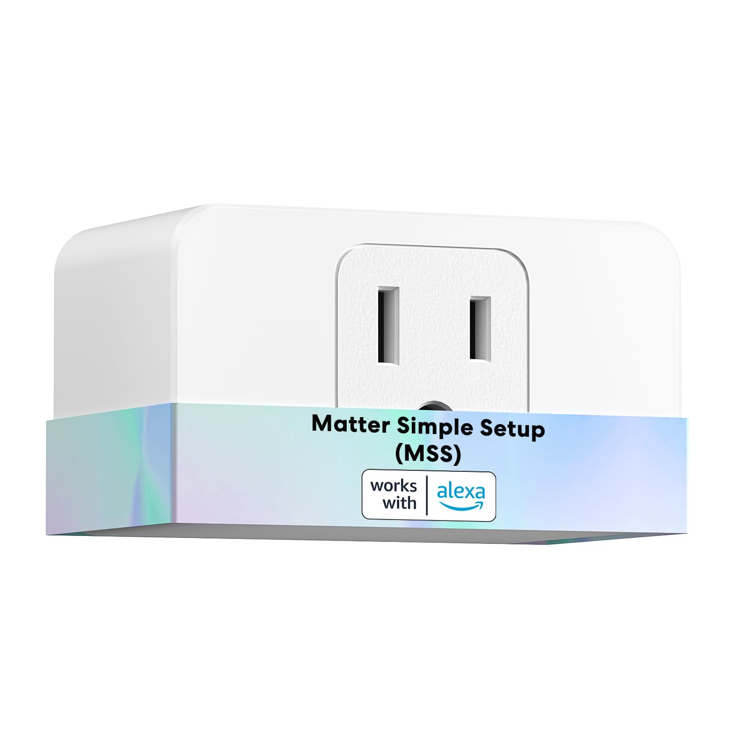 Meross MSS315 Matter smart plug, a compact white wall plug with a single outlet, side power button, and energy-monitoring electricity meter