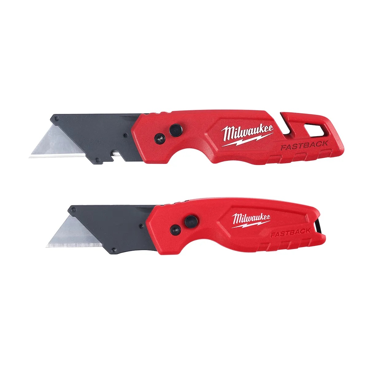 Milwaukee FASTBACK folding utility knife with red handle, wire belt clip, and built-in blade storage