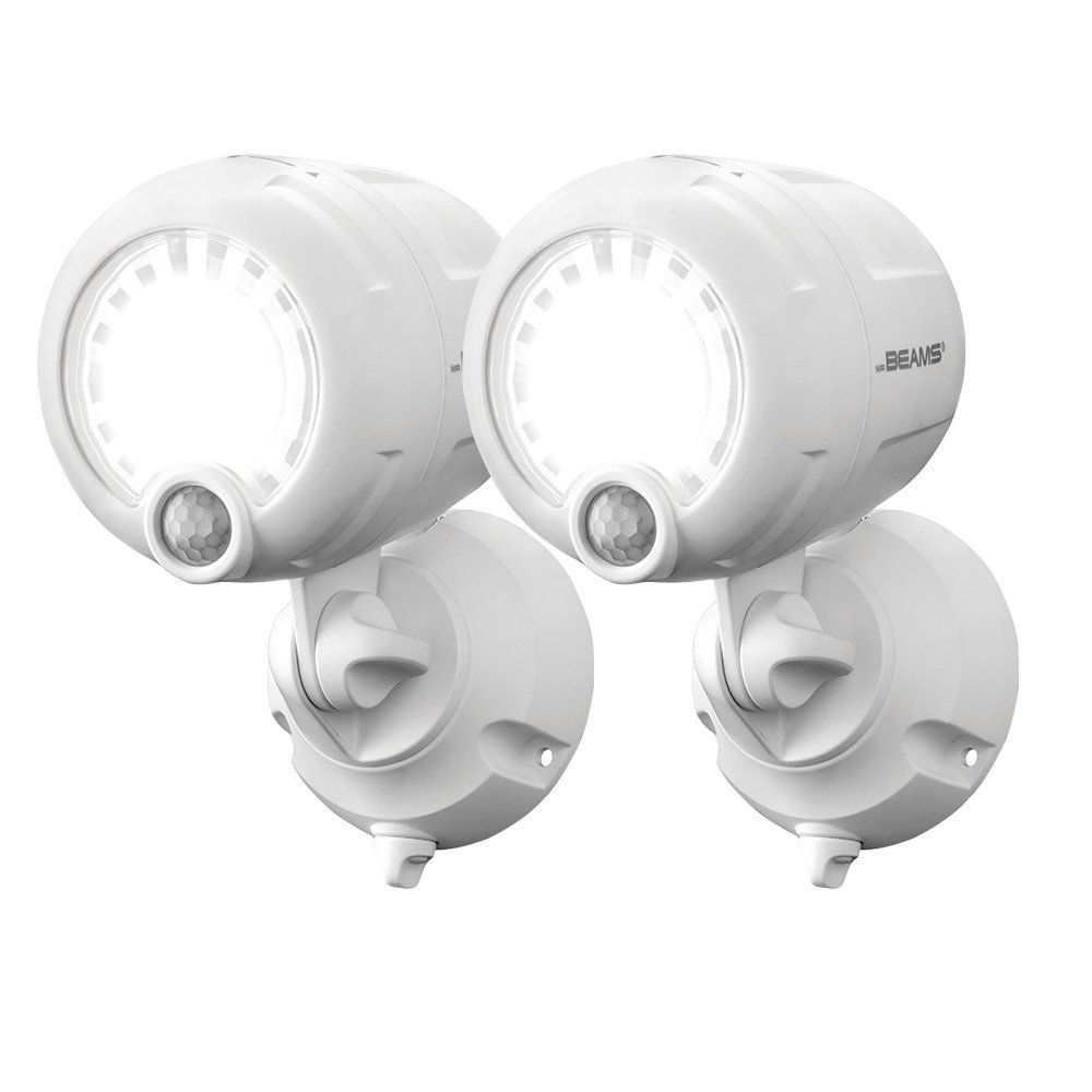 Mr. Beams MB360XT white battery-powered motion-sensor LED spotlights, two-pack, showing round reflective lens face and pivoting wall mount bracket