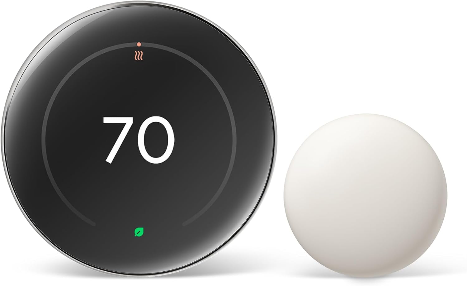 Google Nest Learning Thermostat 4th Gen with polished silver ring and black circular display showing 70 degrees, next to white Nest Temperature Sensor